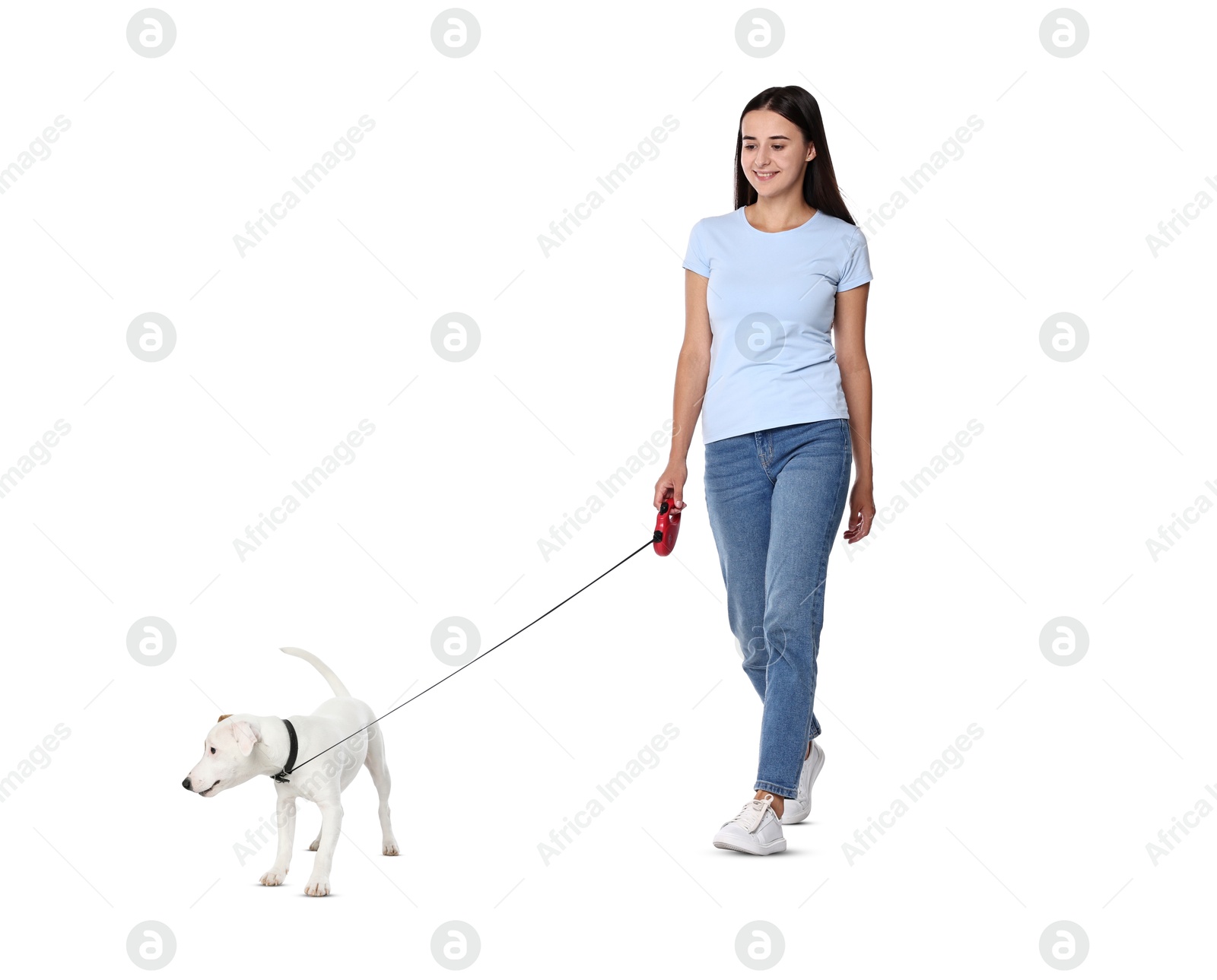 Image of Happy woman walking her dog on white background