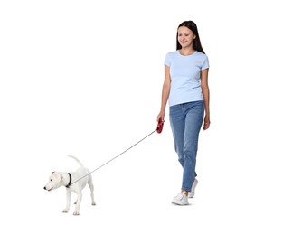 Happy woman walking her dog on white background