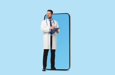 Image of Online medical consultation. Doctor with clipboard on smartphone screen against light blue background