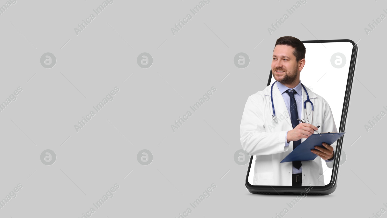 Image of Online medical consultation. Doctor with clipboard on smartphone screen against light grey background. Banner design with space for text