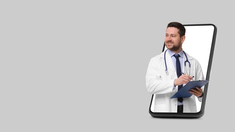 Image of Online medical consultation. Doctor with clipboard on smartphone screen against light grey background. Banner design with space for text