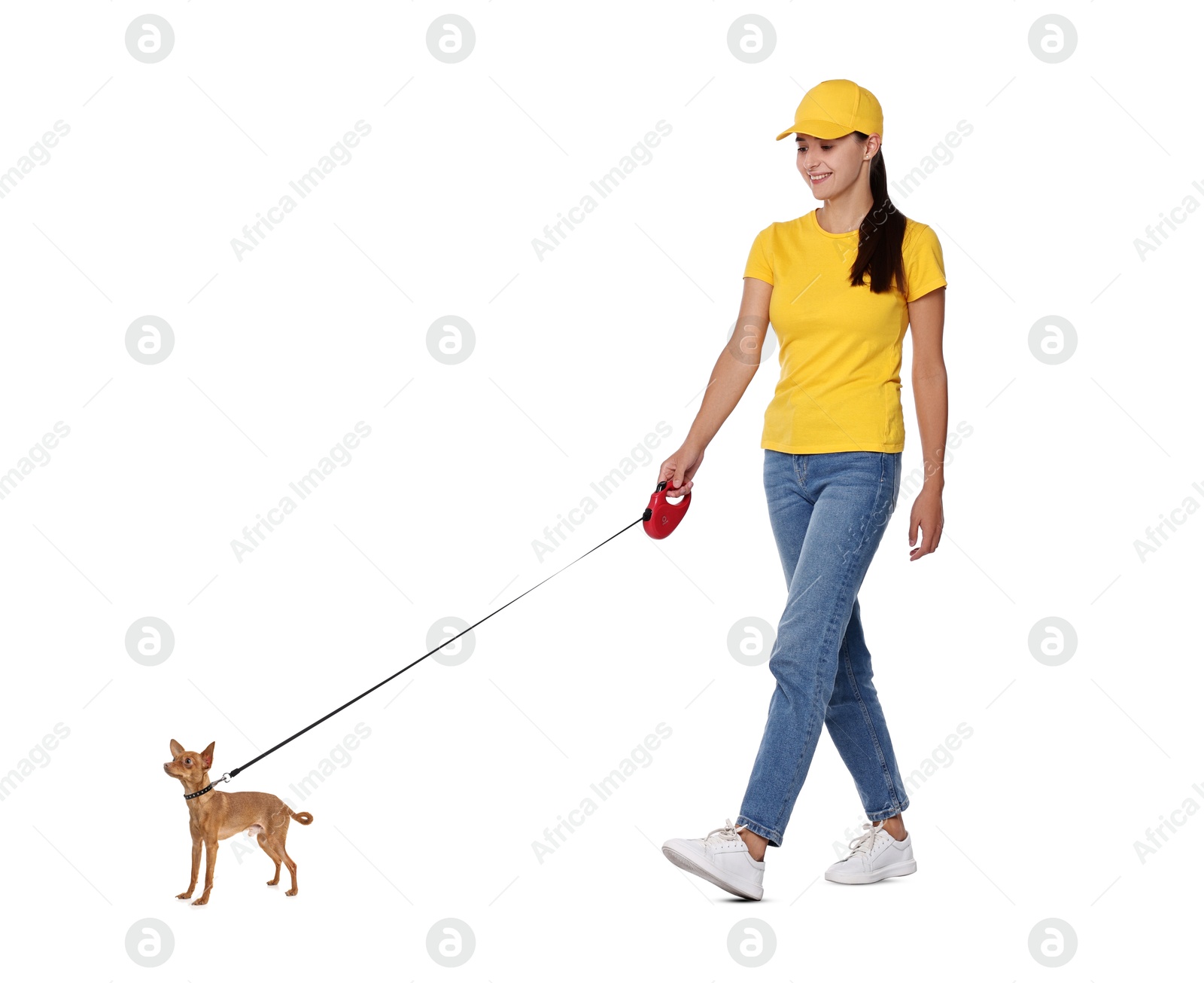 Image of Happy woman walking her dog on white background