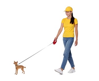 Happy woman walking her dog on white background