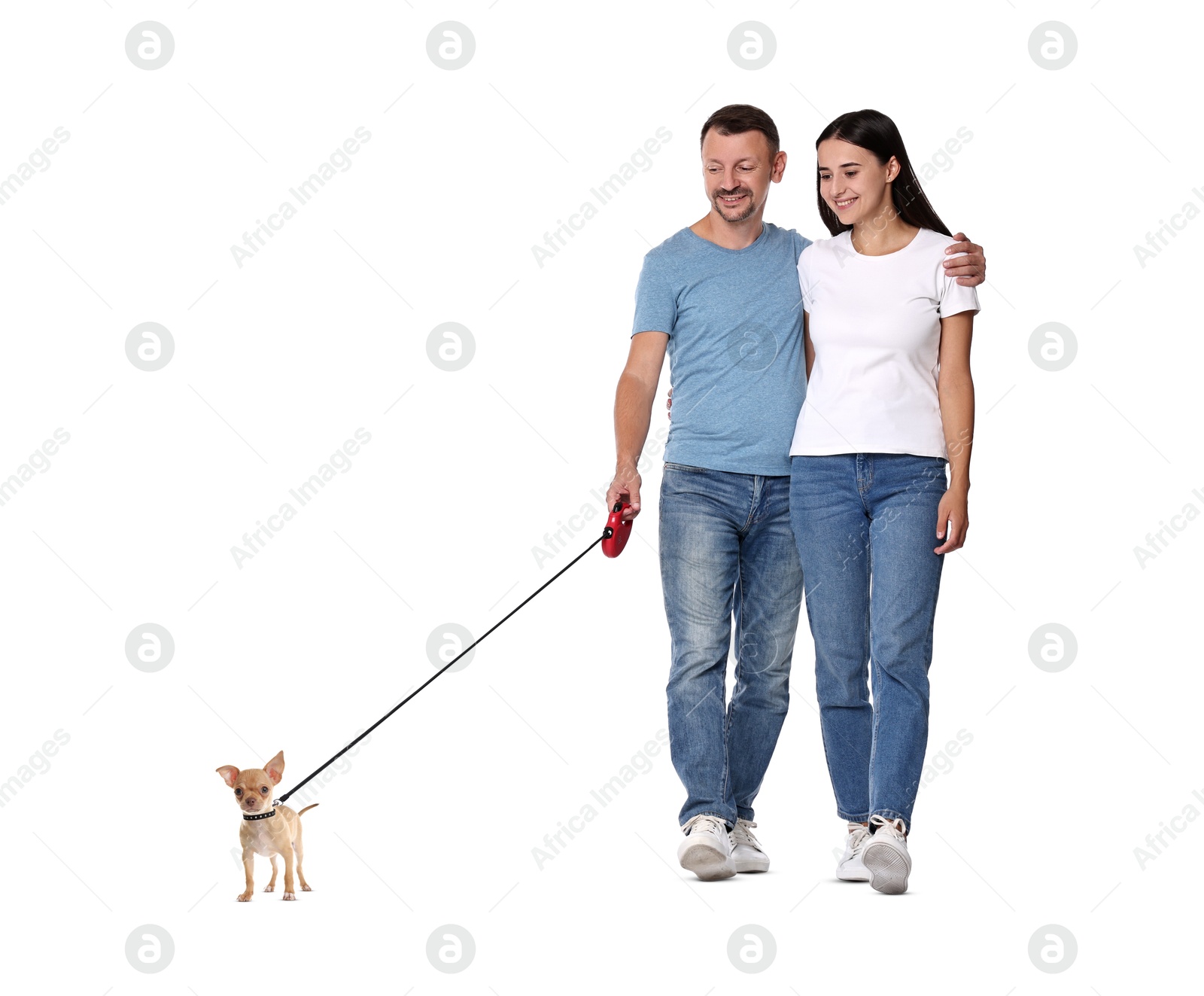 Image of Happy couple walking their dog on white background