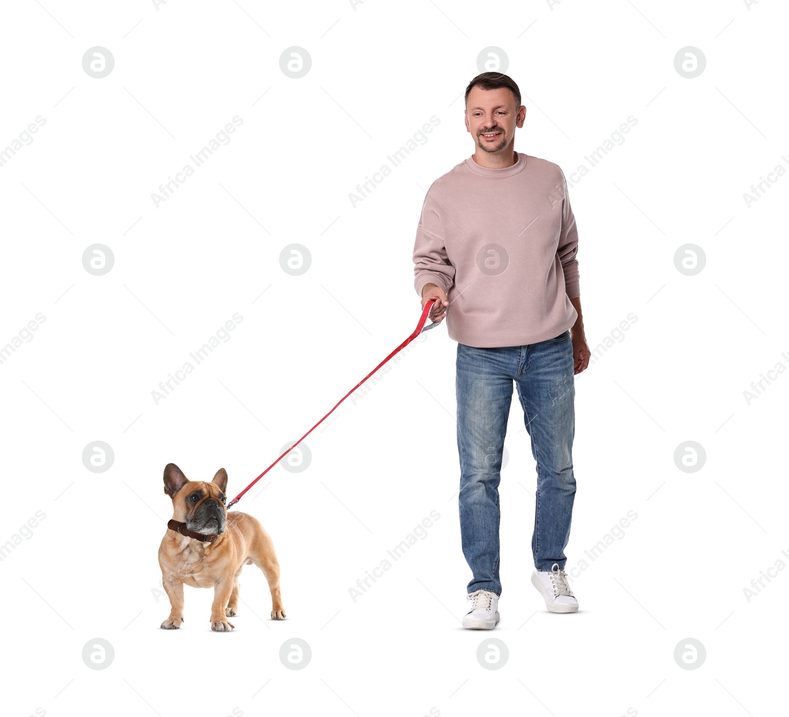 Image of Happy man walking his dog on white background