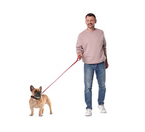 Happy man walking his dog on white background