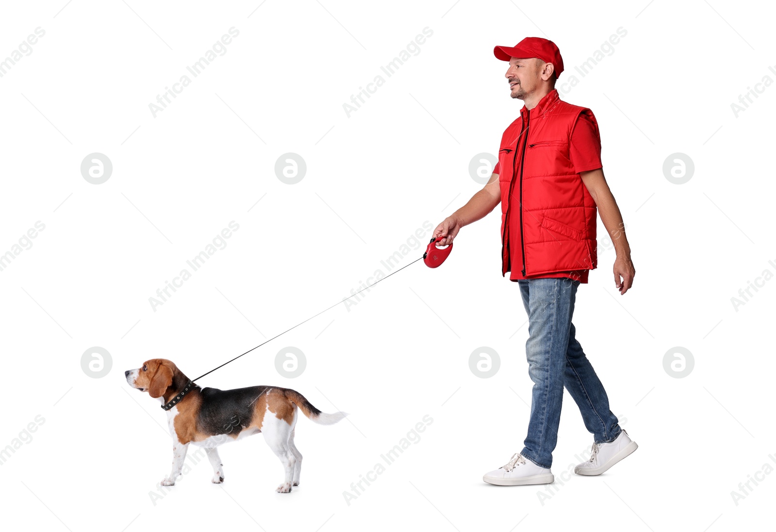 Image of Happy man walking his dog on white background