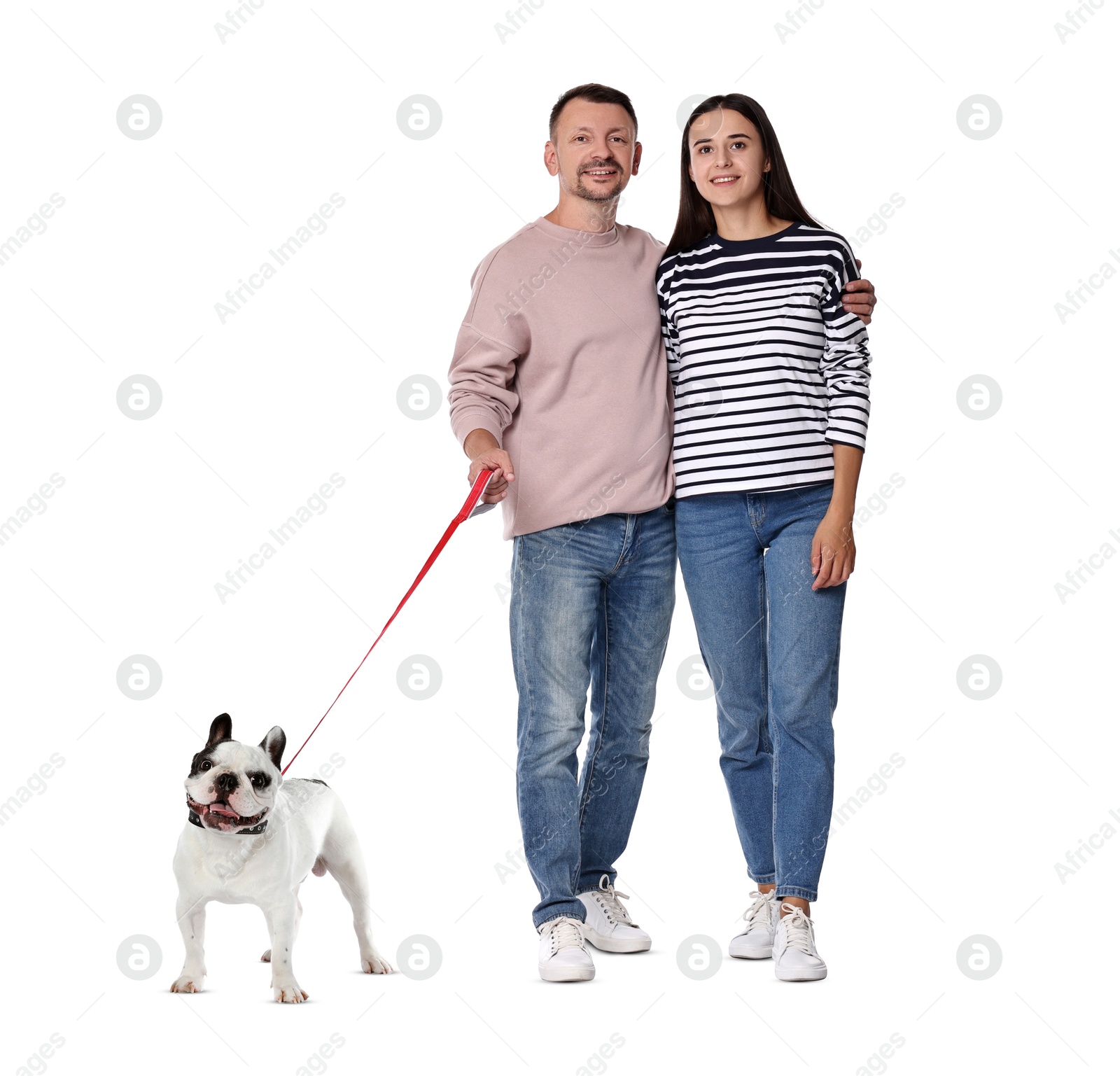 Image of Happy couple walking their dog on white background