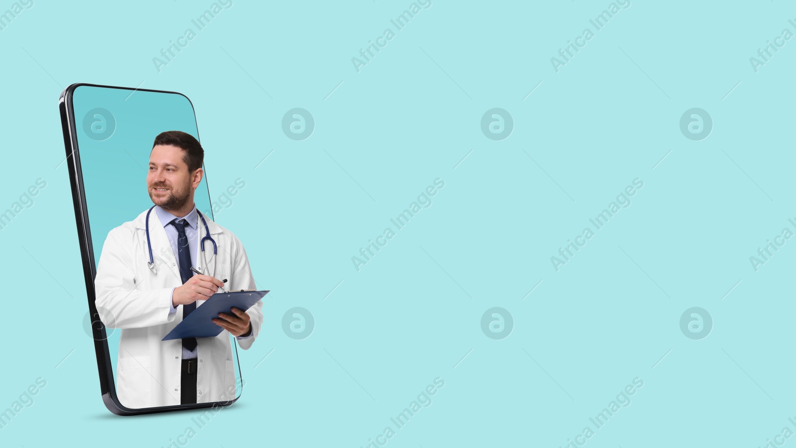 Image of Online medical consultation. Doctor with clipboard on smartphone screen against light blue background. Banner design with space for text