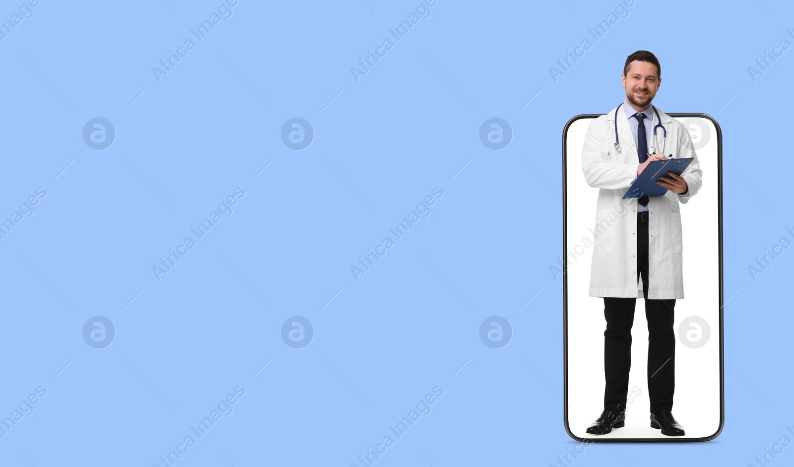 Image of Online medical consultation. Doctor with clipboard on smartphone screen against light blue background. Banner design with space for text