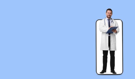 Online medical consultation. Doctor with clipboard on smartphone screen against light blue background. Banner design with space for text