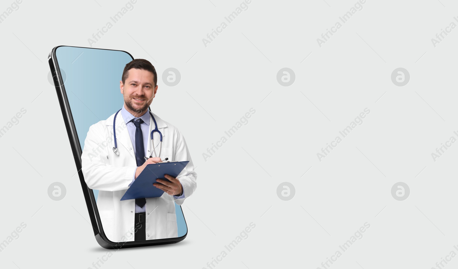 Image of Online medical consultation. Doctor with clipboard on smartphone screen against light grey background. Banner design with space for text