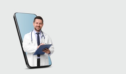 Online medical consultation. Doctor with clipboard on smartphone screen against light grey background. Banner design with space for text