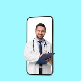 Image of Online medical consultation. Doctor with clipboard on smartphone screen against light blue background