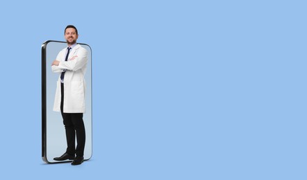 Online medical consultation. Doctor on smartphone screen against light blue background. Banner design with space for text