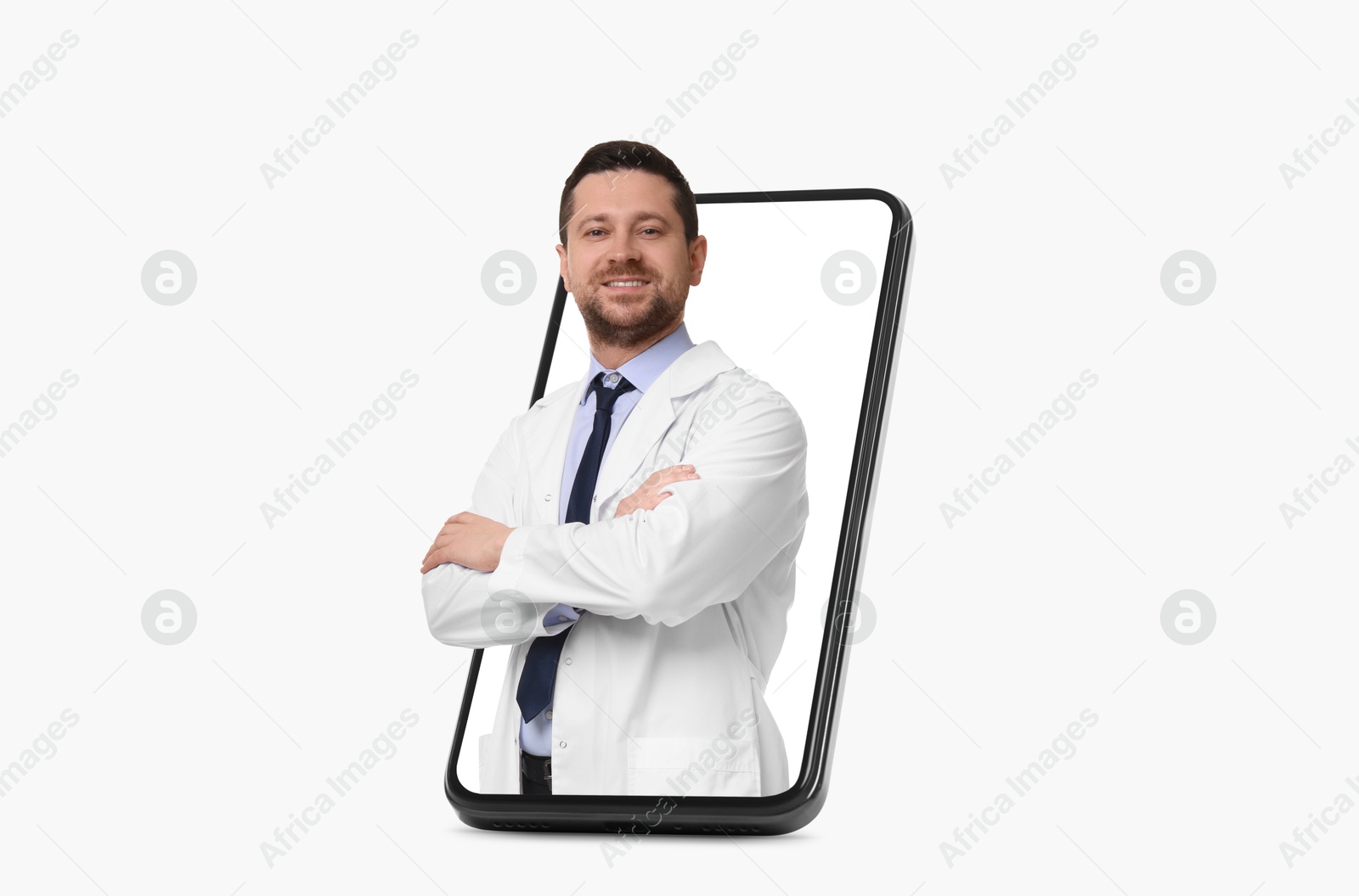 Image of Online medical consultation. Doctor on smartphone screen against white background