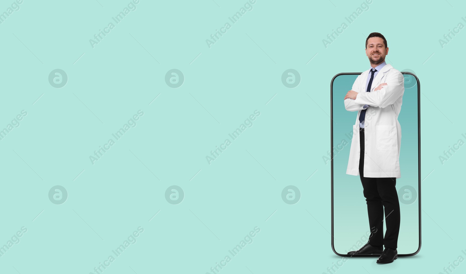 Image of Online medical consultation. Doctor on smartphone screen against light blue background. Banner design with space for text