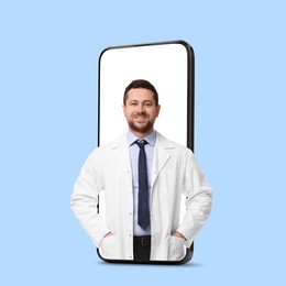 Online medical consultation. Doctor on smartphone screen against light blue background