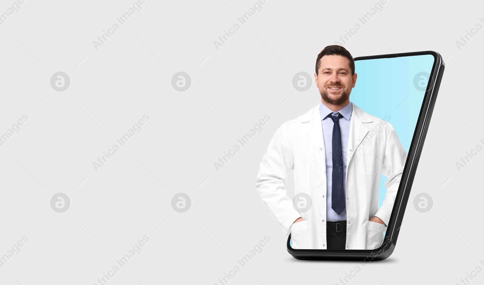 Image of Online medical consultation. Doctor on smartphone screen against light grey background. Banner design with space for text