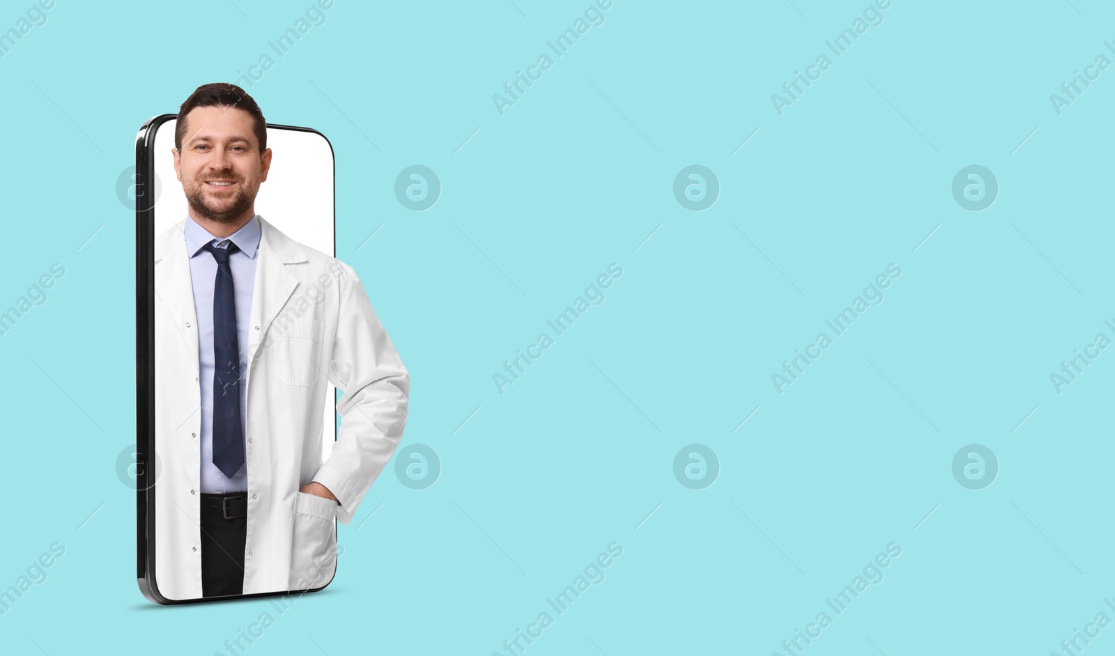 Image of Online medical consultation. Doctor on smartphone screen against light blue background. Banner design with space for text