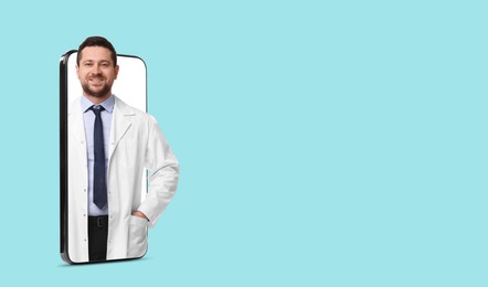 Online medical consultation. Doctor on smartphone screen against light blue background. Banner design with space for text