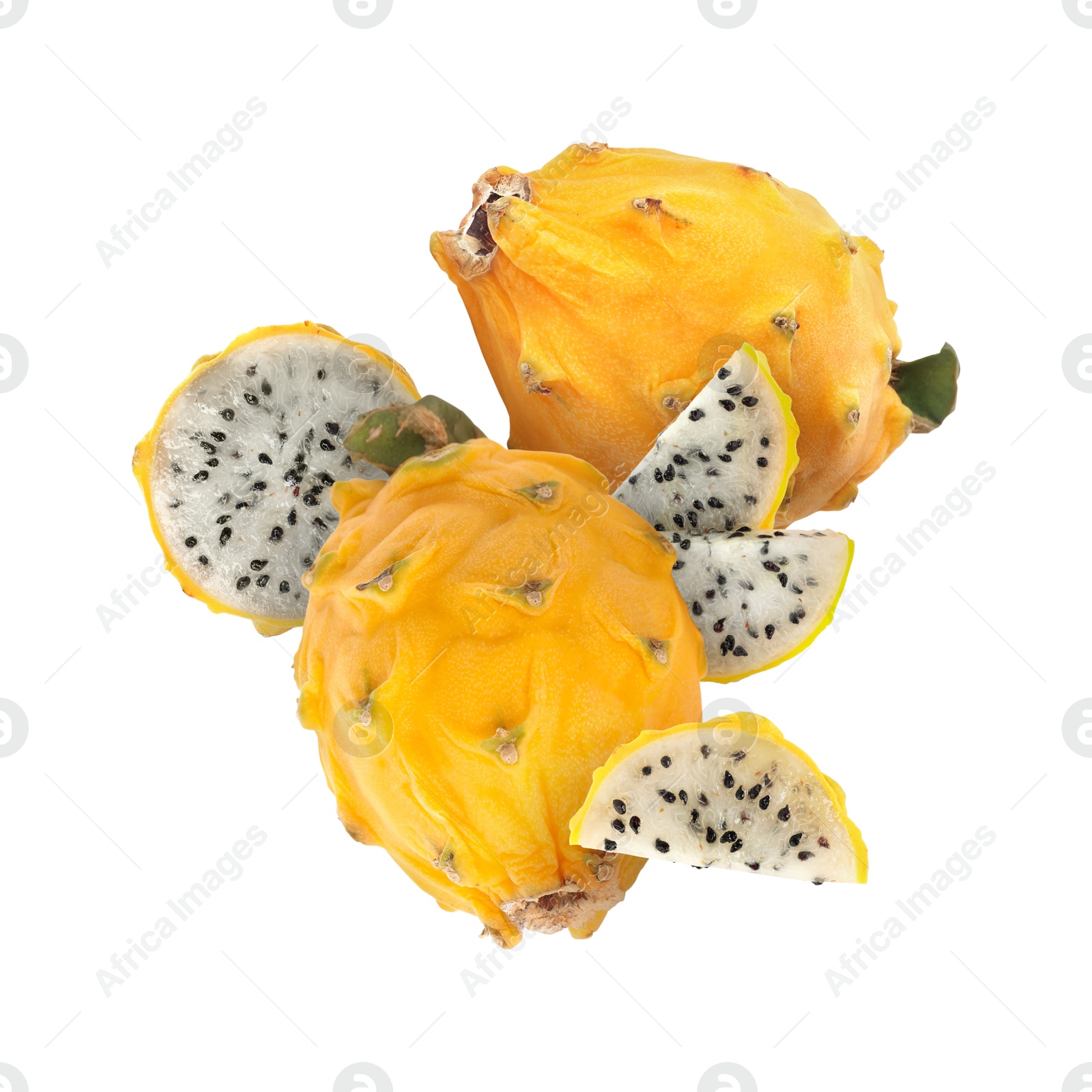 Image of Yummy yellow pitaya fruits in air on white background