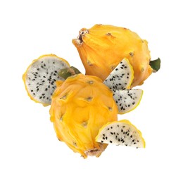 Image of Yummy yellow pitaya fruits in air on white background