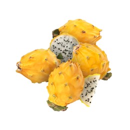 Image of Yummy yellow pitaya fruits in air on white background