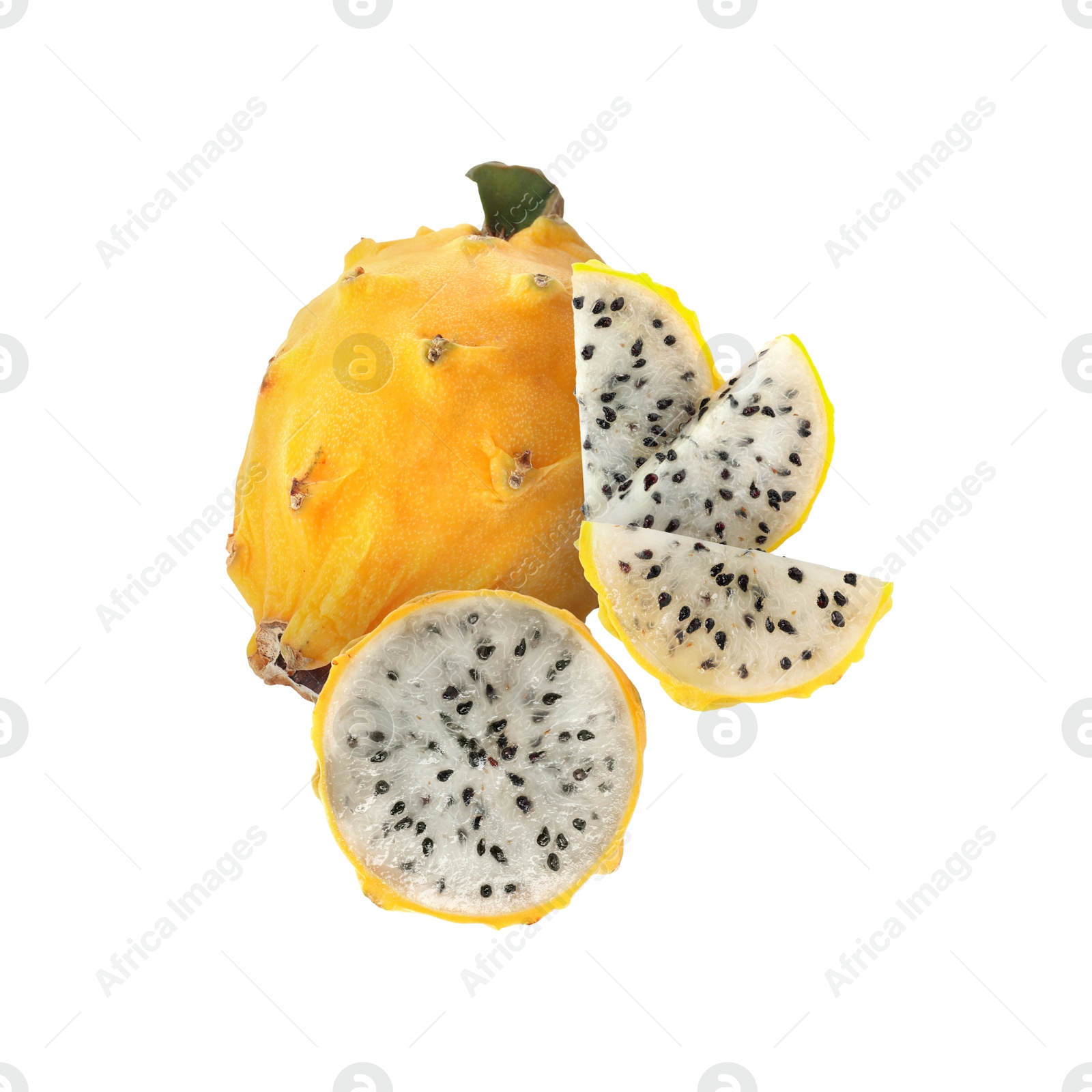 Image of Yummy yellow pitaya fruits in air on white background