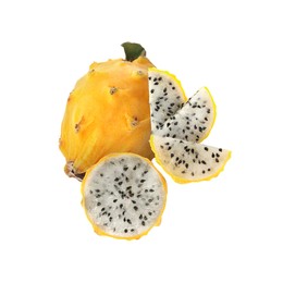 Image of Yummy yellow pitaya fruits in air on white background