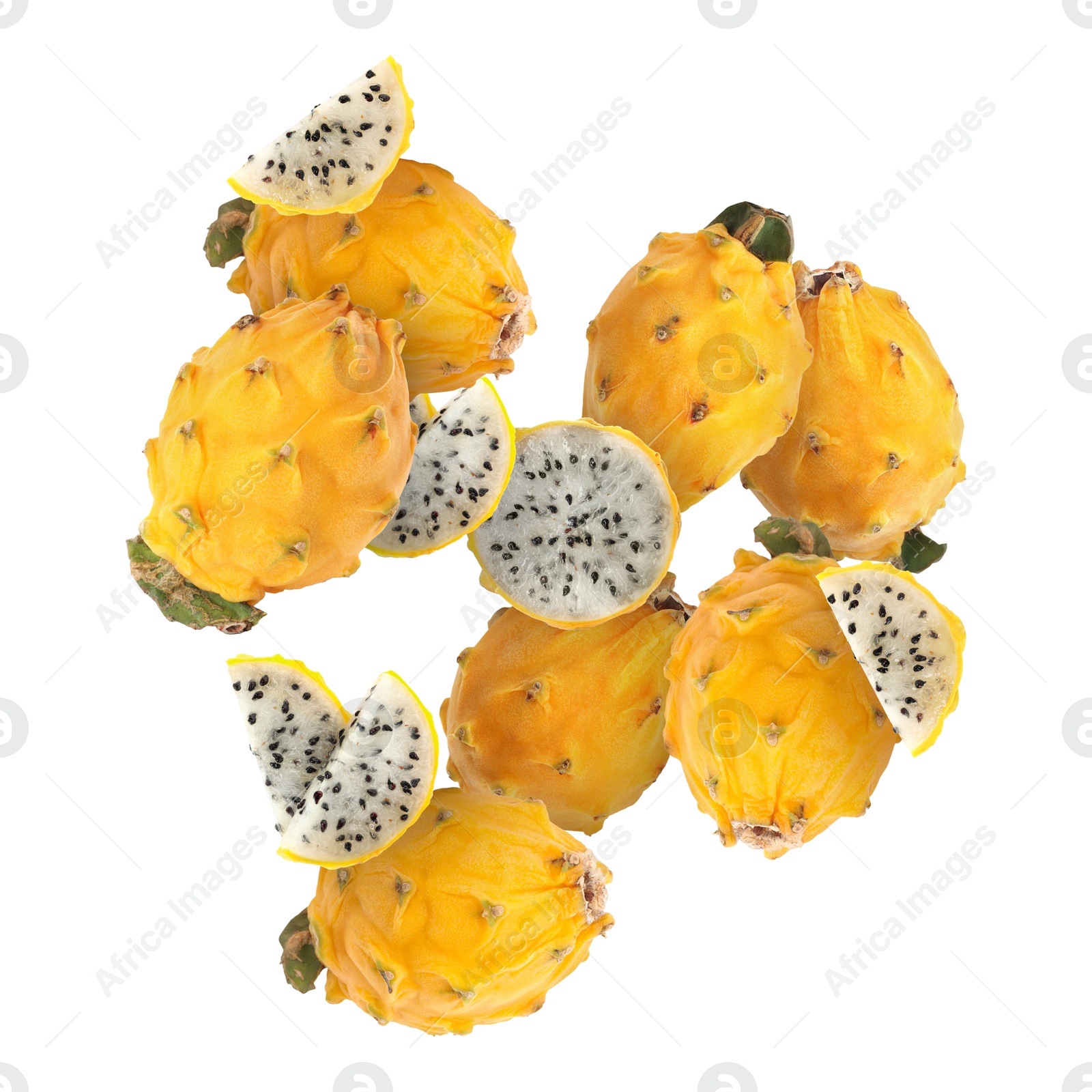 Image of Yummy yellow pitaya fruits in air on white background