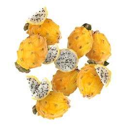 Image of Yummy yellow pitaya fruits in air on white background