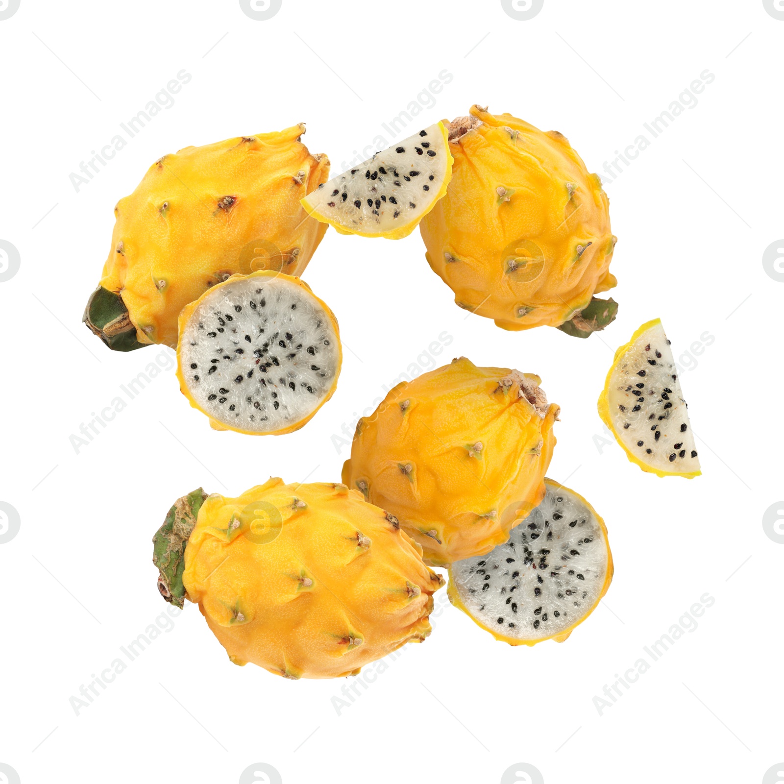 Image of Yummy yellow pitaya fruits in air on white background