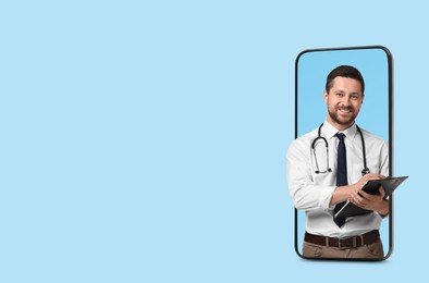 Online medical consultation. Doctor with clipboard on smartphone screen against light blue background, space for text