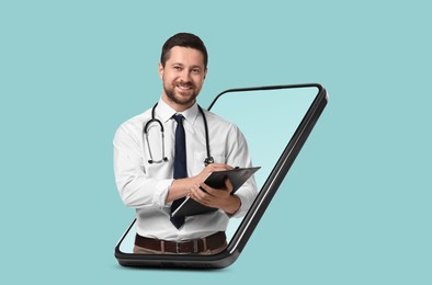 Image of Online medical consultation. Doctor with clipboard on smartphone screen against light blue background