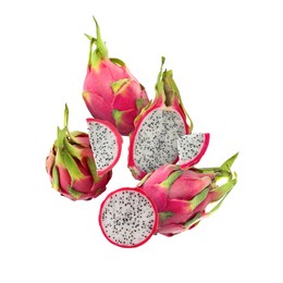 Yummy pitaya fruits in air on white background