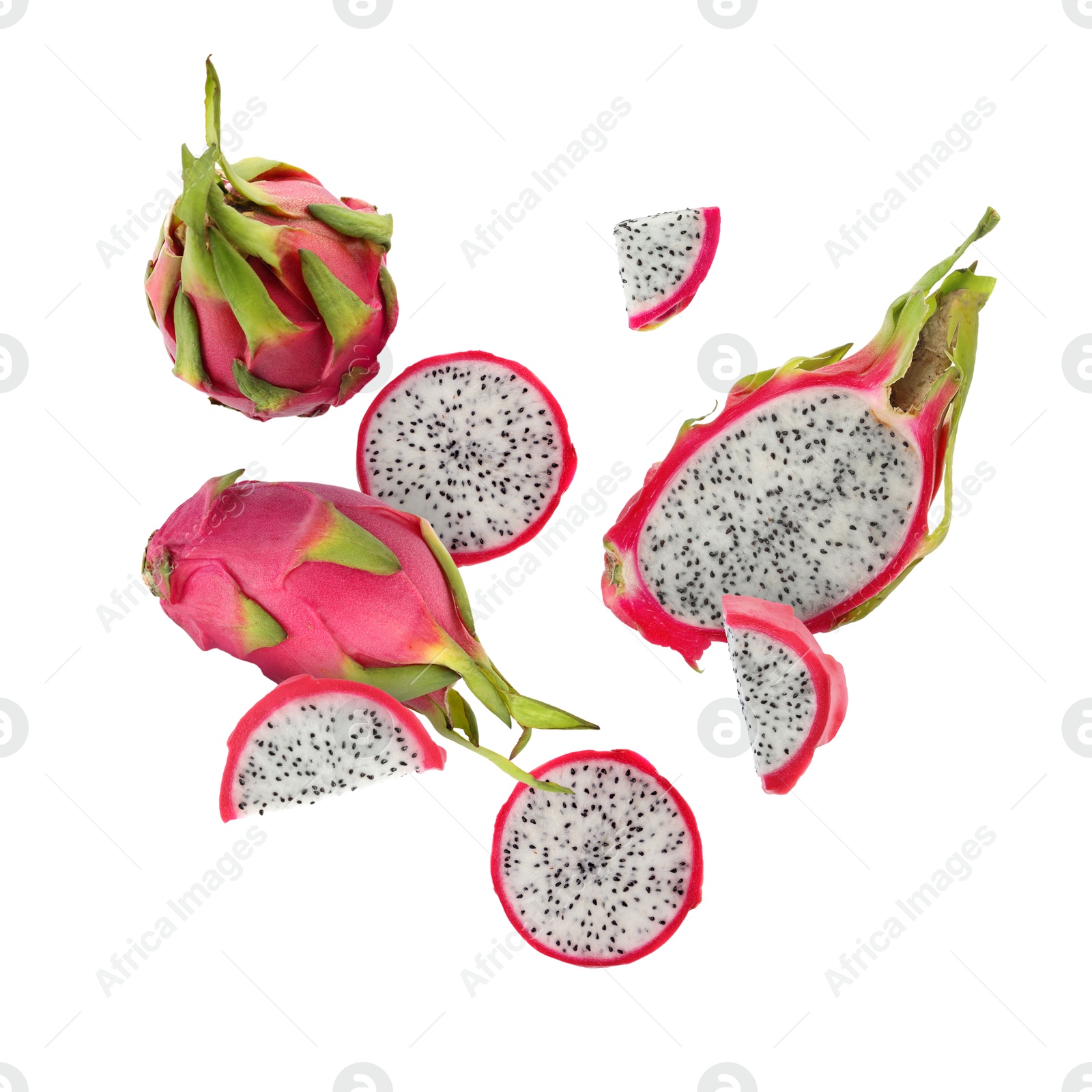 Image of Yummy pitaya fruits in air on white background