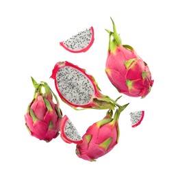 Image of Yummy pitaya fruits in air on white background