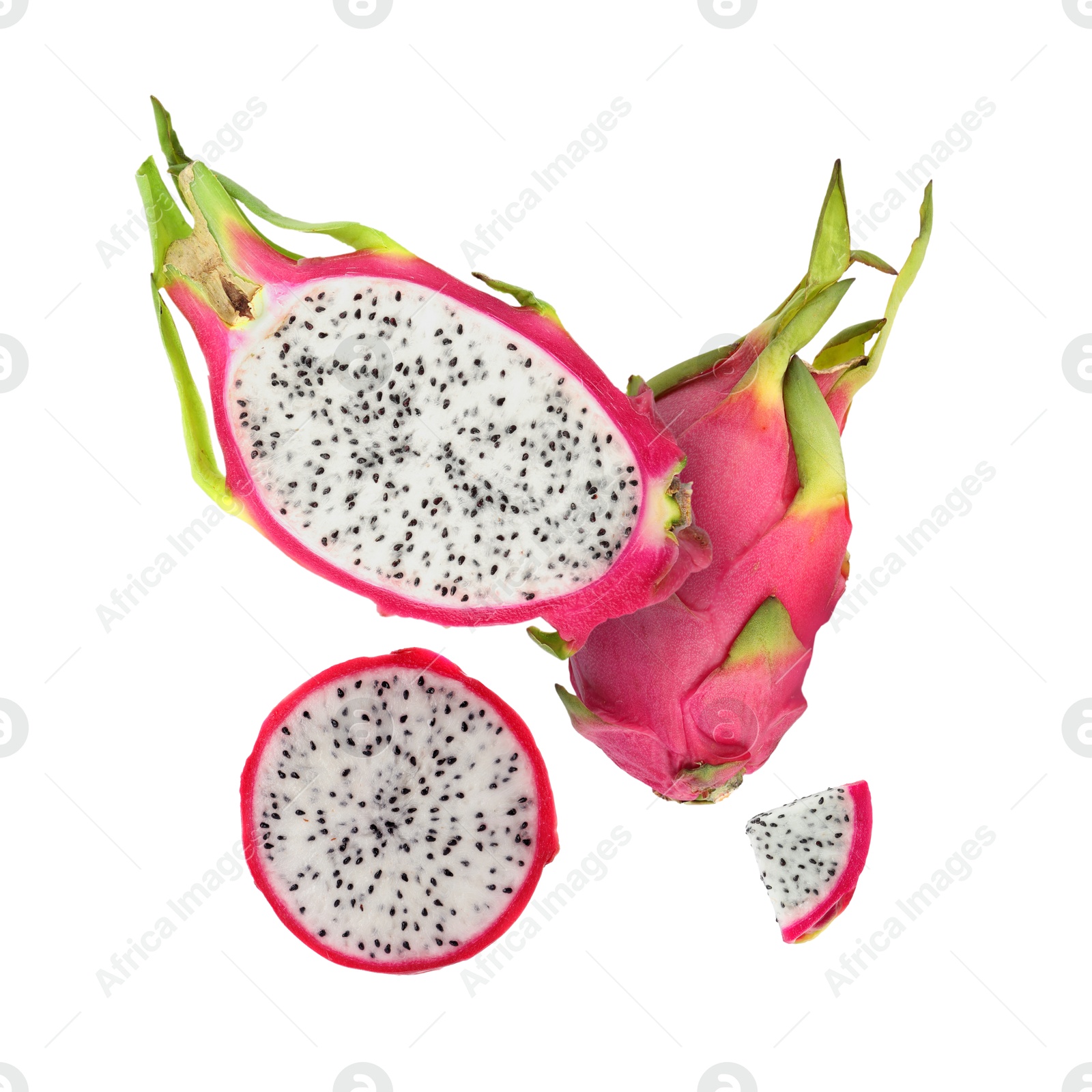 Image of Yummy pitaya fruits in air on white background