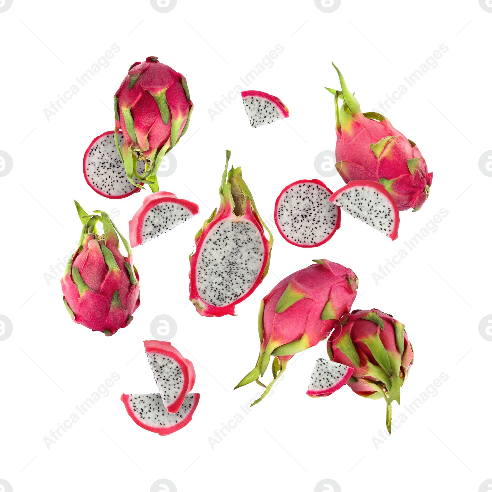 Image of Yummy pitaya fruits in air on white background