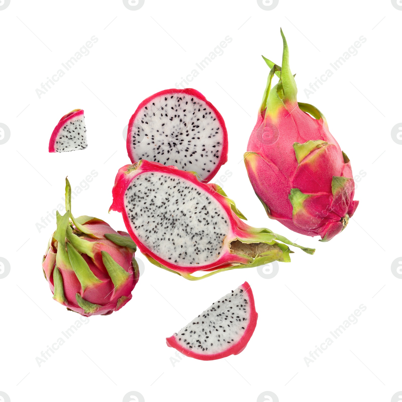 Image of Yummy pitaya fruits in air on white background