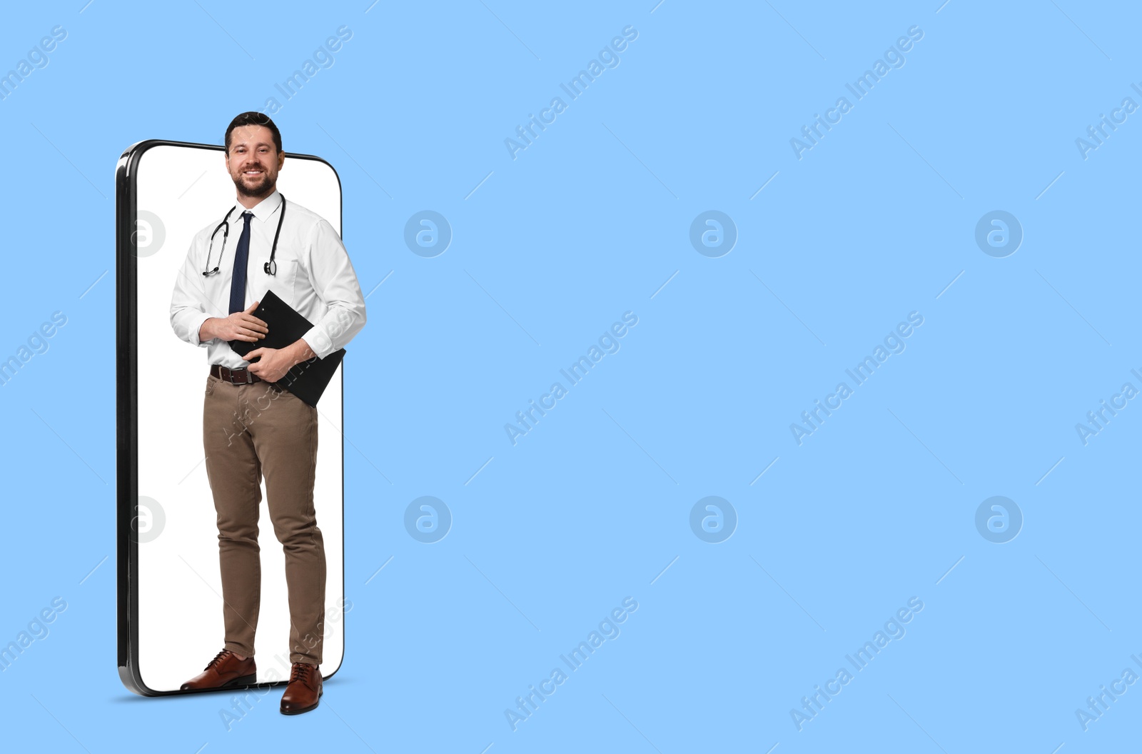 Image of Online medical consultation. Doctor with clipboard on smartphone screen against light blue background, space for text