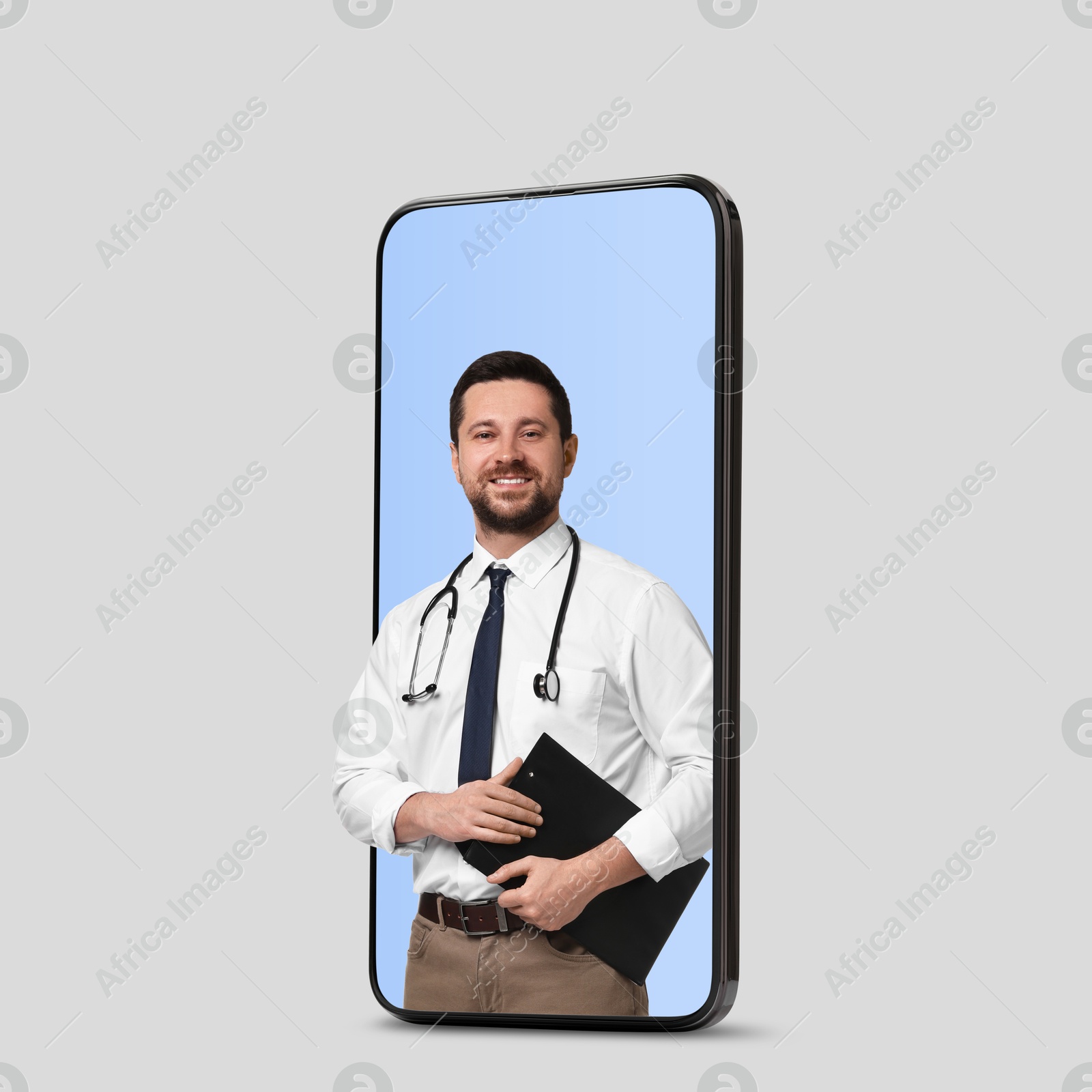 Image of Online medical consultation. Doctor with clipboard on smartphone screen against light grey background