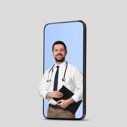 Online medical consultation. Doctor with clipboard on smartphone screen against light grey background