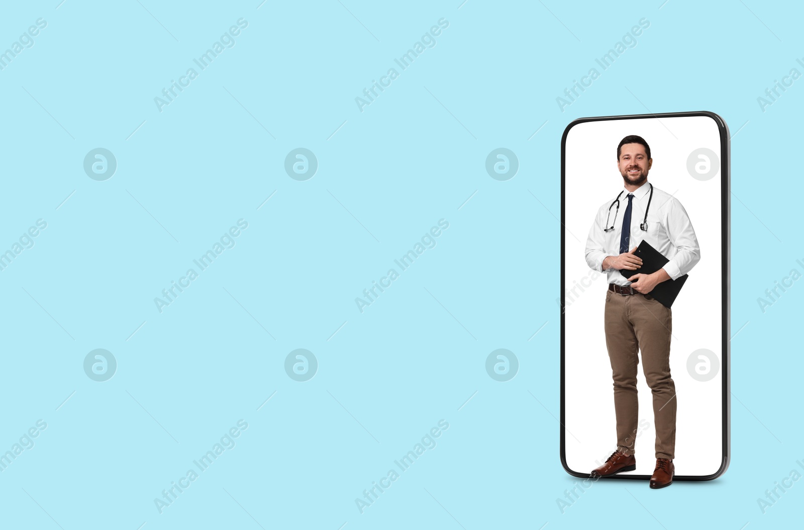 Image of Online medical consultation. Doctor with clipboard on smartphone screen against light blue background, space for text