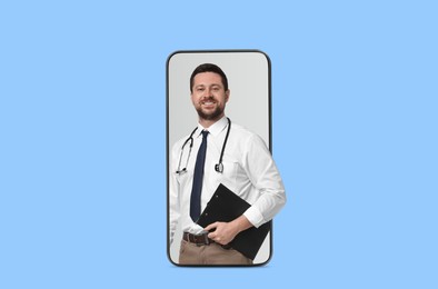 Image of Online medical consultation. Doctor with clipboard on smartphone screen against light blue background