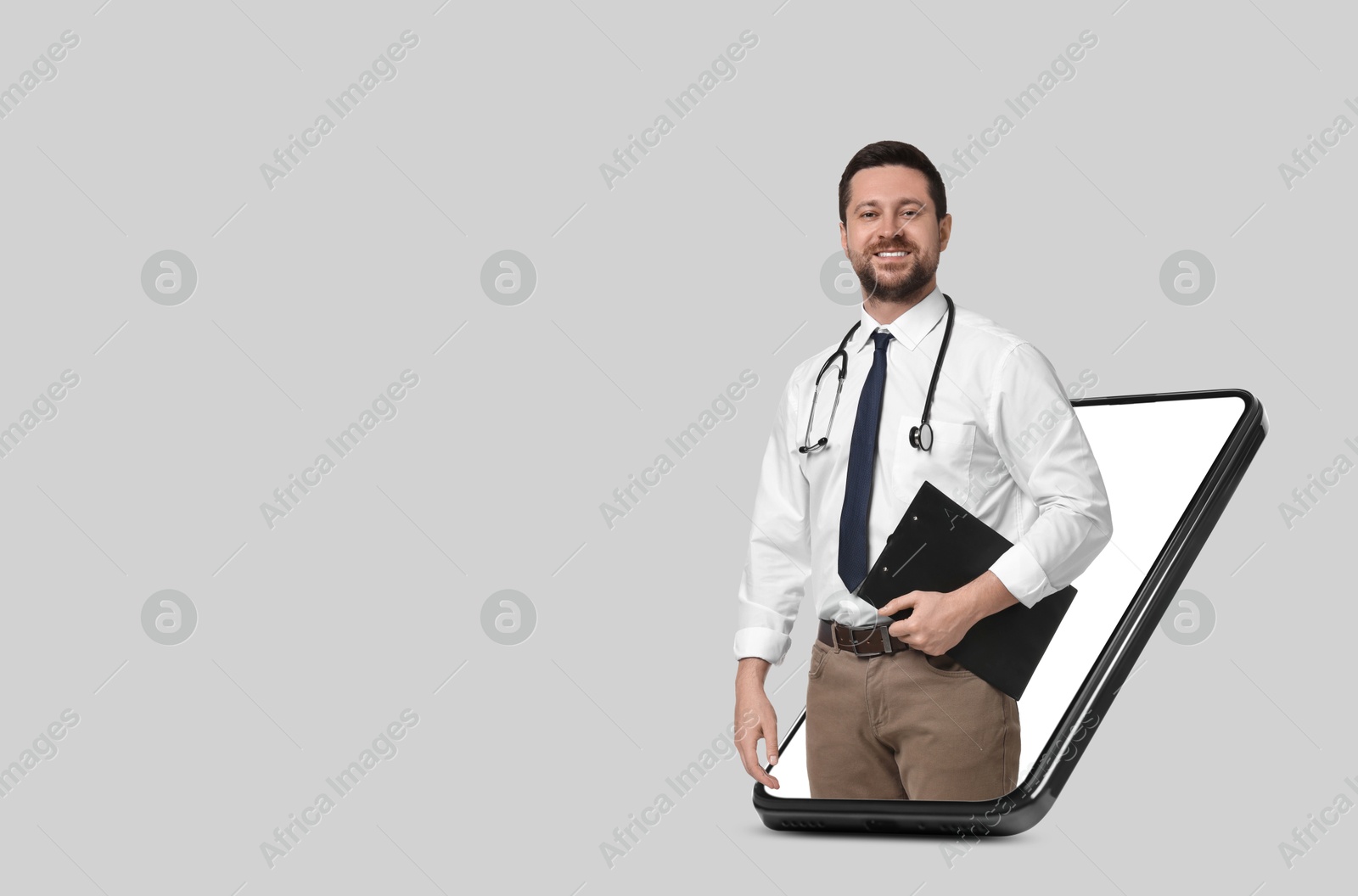 Image of Online medical consultation. Doctor with clipboard on smartphone screen against light grey background, space for text