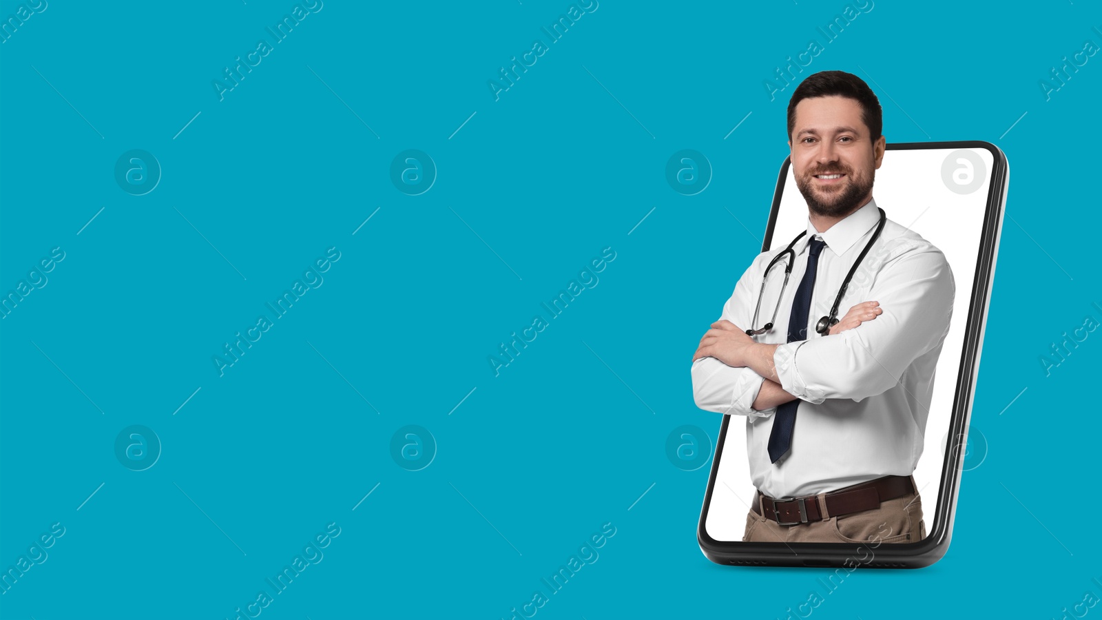 Image of Online medical consultation. Doctor on smartphone screen against blue background. Banner design with space for text