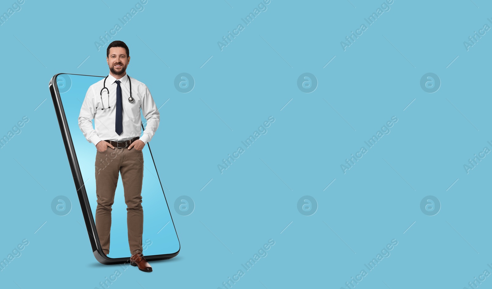 Image of Online medical consultation. Doctor on smartphone screen against light blue background. Banner design with space for text