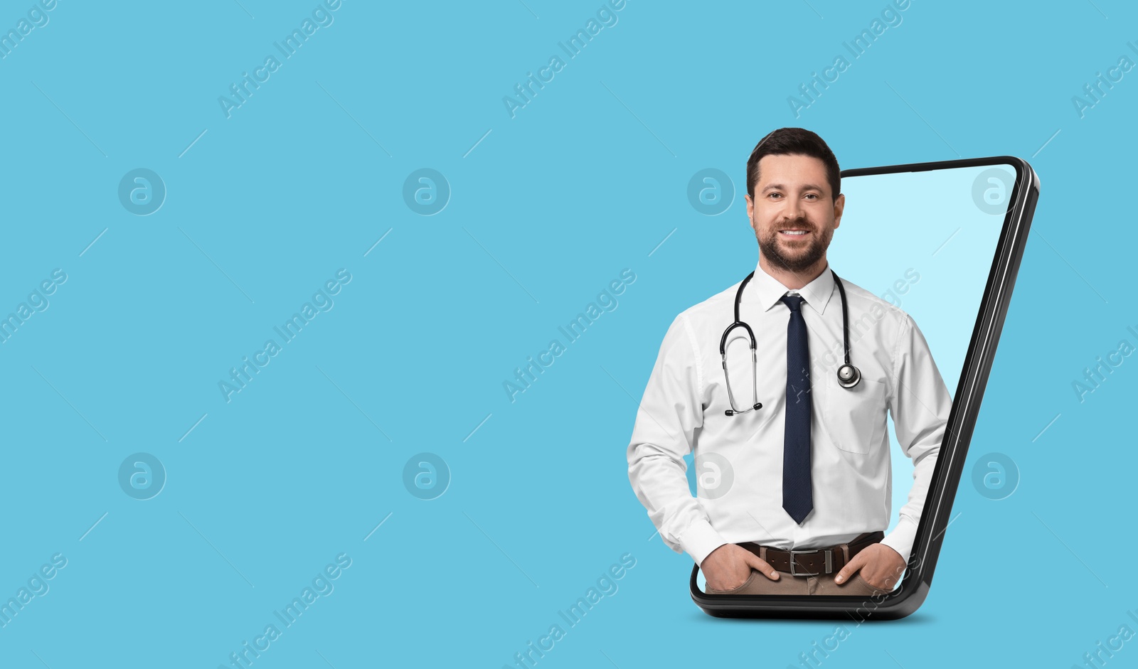 Image of Online medical consultation. Doctor on smartphone screen against light blue background. Banner design with space for text